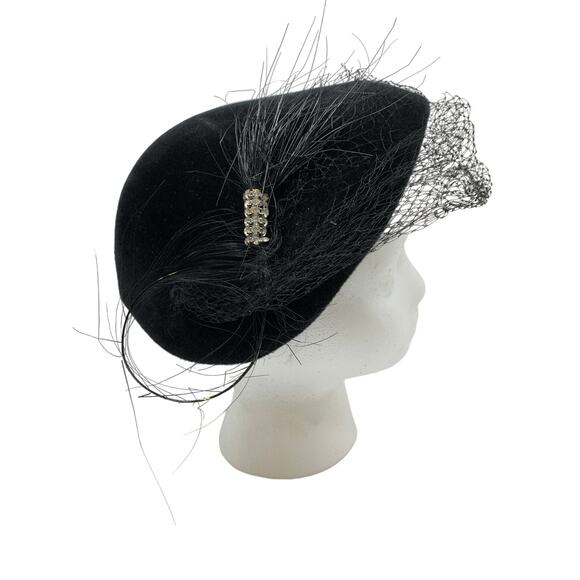 Vintage Black Wool Hat Mesh Feather Rhinestone Details *READ main image 6